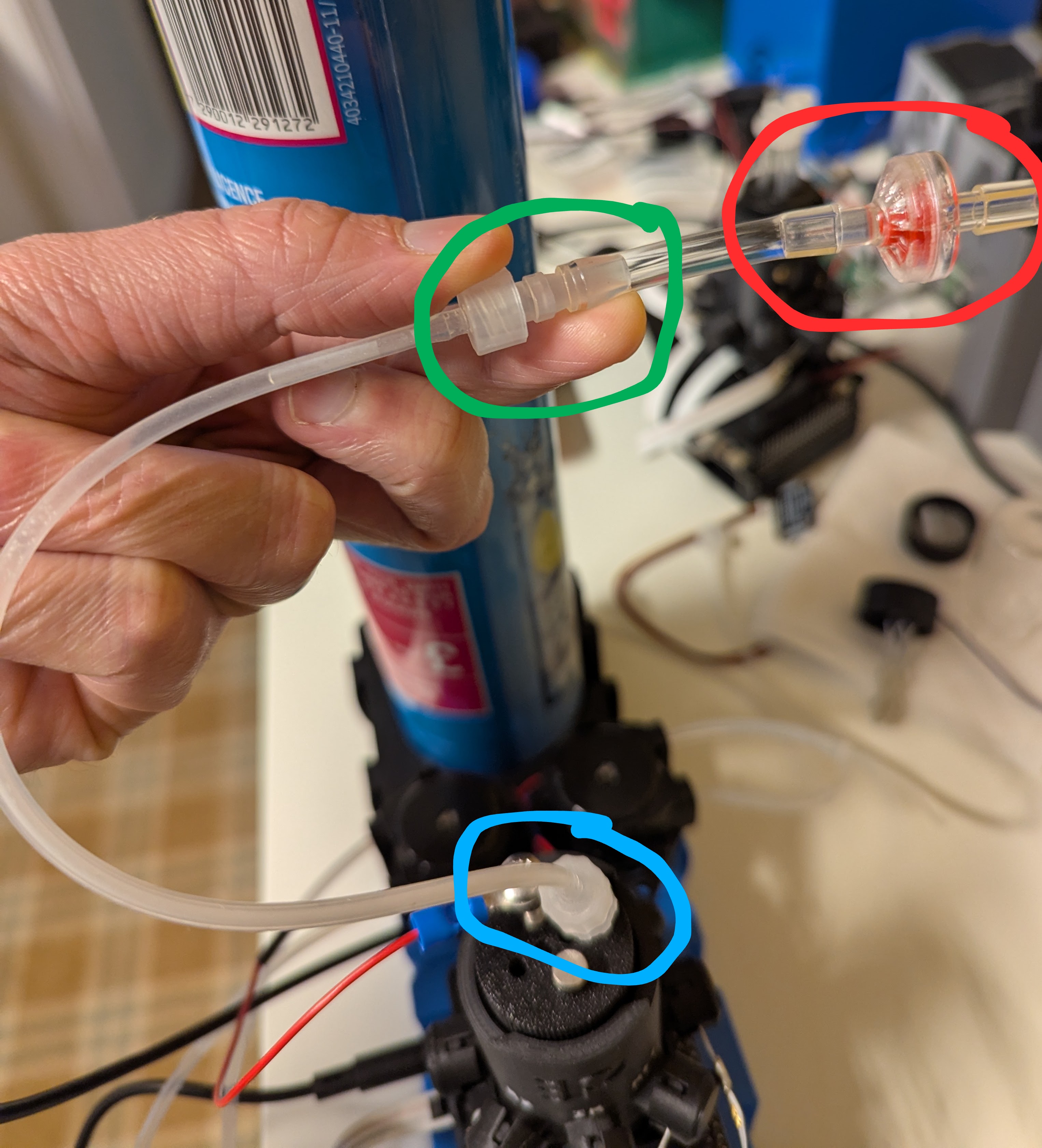 PU tubing connected to check valve and a Luer lock connector